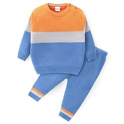 Babyhug Knitted Full Sleeves Pullover Sweater & Pant Set With Colour Block Design - Orange & Blue