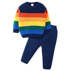 Babyhug Knitted Full Sleeves Pullover Sweater Set With Stripes Design - Navy Blue