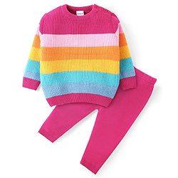 Babyhug Knit Full Sleeves Striped Sweater Set - Pink