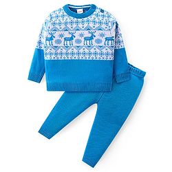Babyhug Knit Full Sleeves Sweater Set Reindeer Design - Blue