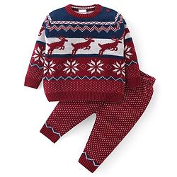 Babyhug Knitted Full Sleeves Pullover Sweater & Pant Set With Reindeer & Floral Design - Maroon