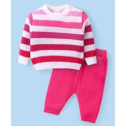 Babyhug Knitted Full Sleeves Pullover Sweater Set With Stripes Design - Pink