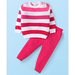 Babyhug Knitted Full Sleeves Striped Pullover Sweater Set - Dark Pink