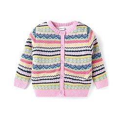 Babyhug Knitted Full Sleeves Front Open Sweater with  Design - Pink & Yellow