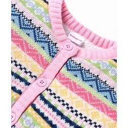 Babyhug Knitted Full Sleeves Front Open Sweater with  Design - Pink & Yellow