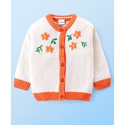 Babyhug Knitted Full Sleeves Front Open Sweater with Floral Embroidery - Orange & White