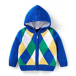 Babyhug Knitted Full Sleeves Front Open Hooded Sweater With Colour Block - Blue