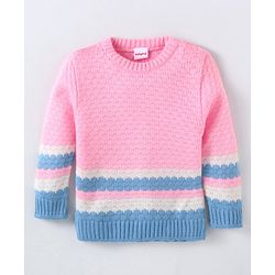 Babyhug Knitted Full Sleeves Pullover Color Block Sweater - Pink & Blue