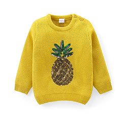 Babyhug Knitted Full Sleeves Pullover Sweater with Sequin Pineapple Design - Light Yellow