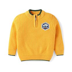 Babyhug Knitted Full Sleeves Pullover Sweater with Front Zipper & Patch Detailing - Mustard Yellow