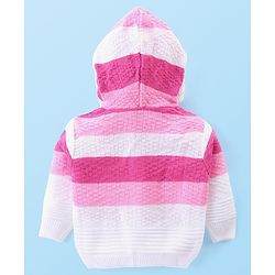 Babyhug Knitted Full Sleeves Front Open Hooded Sweater with Stripes Design - Pink