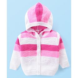 Babyhug Knitted Full Sleeves Front Open Hooded Sweater with Stripes Design - Pink