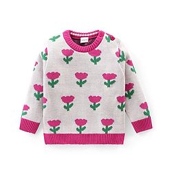 Babyhug Knit Full Sleeves Pullover Sweater with Floral Design - White & Pink