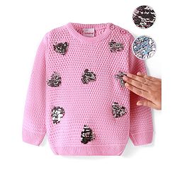 Babyhug Knitted Full Sleeves Pullover Sweater With Sequined Heart Design - Pink