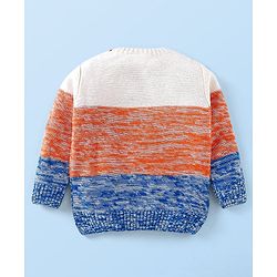 Babyhug Knit Full Sleeves Colour Block Pullover Sweater with Cable Knit Design - White Blue & Orange
