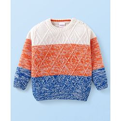 Babyhug Knit Full Sleeves Colour Block Pullover Sweater with Cable Knit Design - White Blue & Orange