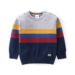 Babyhug Knitted Full Sleeves Pullover Light Weight  Sweater with Striped Design - Grey & Navy Blue