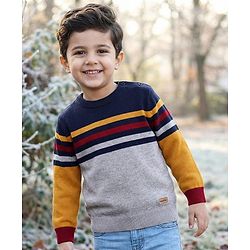 Babyhug Cotton Knitted Full Sleeves Pullover Light Weight  Sweater With Colour Block Design & Stripes - Multicolour