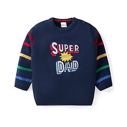 Babyhug Knitted Full Sleeves Pullover Striped Designed Sweater with Text Embroidery - Navy Blue