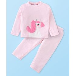 Babyhug Velour Knit Full Sleeves Winter Wear Night Suit with Unicorn  Applique - Pink