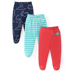 Babyhug Interlock Knit Striped Bootie Leggings with Dino Print Pack of 3 - Multicolour
