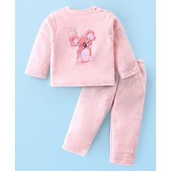 Babyhug Velour Knit Full Sleeves Winter Wear Night Suit With Koala Applique - Light Pink