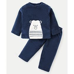 Babyhug Velour Knit Full Sleeves Winter Night Suit With Bear Design - Navy