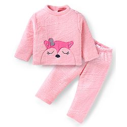 Babyhug Velour Knit Full Sleeves Winter Night Suit With Fur Detailing & Animal Embroidery - Pink