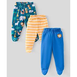 Babyhug Interlock Knit Full Length Bootie  Leggings with Striped & Animal Print Pack of 3 - Blue & Orange