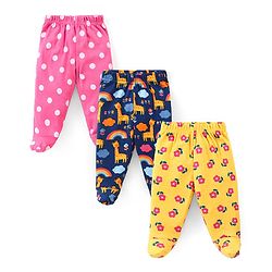 Babyhug Cotton Knit Interlock  Footed Bootie Leggings Polka Dots & Floral Print Pack of 3 - Blue Pink & Yellow