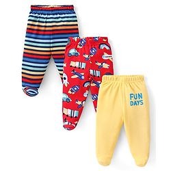 Babyhug Interlock Knit Striped Bootie Leggings with Vehicle & Text Print Pack of 3 - Multicolour