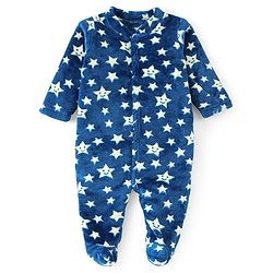 Babyhug Velour Knit Full Sleeves Winter Wear Sleep Suit With Stars Print - Navy