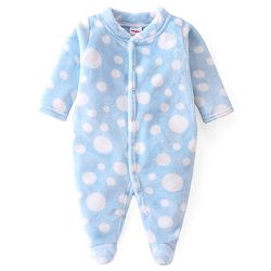 Babyhug Velour Knit Full Sleeves Sleep Suit With Polka Dots Print - Blue