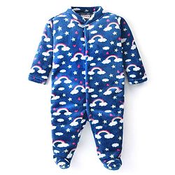 Babyhug Velour Knit Full Sleeves Winter Wear Sleep Suit With Rainbow Print - Navy