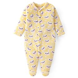 Babyhug Velour Knit Full Sleeves Footed Winter Sleep Suit with Hearts Print - Yellow