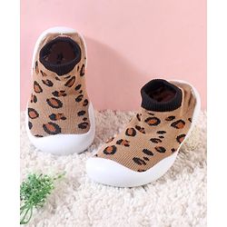 Cute Walk by Babyhug Slip On Socks Shoes with Cheetah Theme Print -  Brown