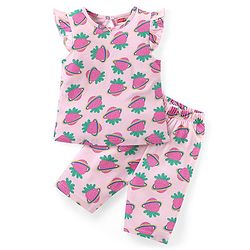 Babyhug Cotton Knit Flutter Sleeves Capri Night Suit With Strawberry Print - Pink