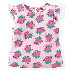 Babyhug Cotton Knit Flutter Sleeves Capri Night Suit With Strawberry Print - Pink
