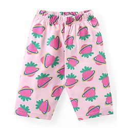 Babyhug Cotton Knit Flutter Sleeves Capri Night Suit With Strawberry Print - Pink