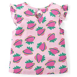 Babyhug Cotton Knit Flutter Sleeves Capri Night Suit With Strawberry Print - Pink