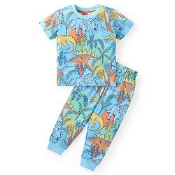 Babyhug Cotton Knit Half Sleeves Night Suit With Dinosaurs Print - Blue