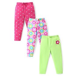 Babyhug Cotton Lycra Full Length Skinny Fit Leggings Floral & Polka Dot Print Pack of 3 - Dark Pink White & Light Green