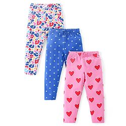 Babyhug Cotton Lycra Knit Full Length Leggings with Heart & Polka Dots Print Pack of 3 - Blue & Pink