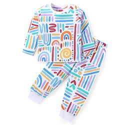 Babyhug Cotton Knit Full Sleeves Printed Night Suit - White
