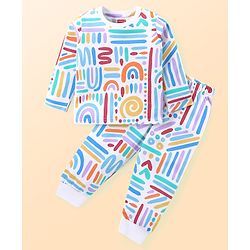 Babyhug Cotton Knit Full Sleeves Printed Night Suit  - White