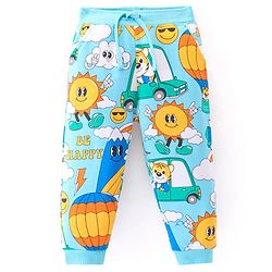 Babyhug Cotton Knit Full Length Lounge Pants With Animals & Vehicles Print - Light Blue