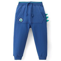 Babyhug Cotton Terry Knit Full Length Lounge Pant with Dino Applique - Blue