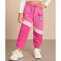Babyhug Cotton Knit Full Length Lounge Pants With  Text Print - Pink