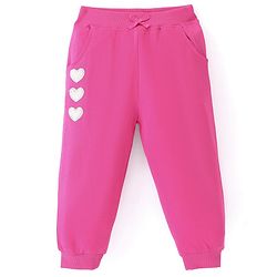 Babyhug Cotton Knit Full Length Lounge Pants With Hearts Applique - Dark Pink