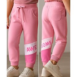 Babyhug Cotton Knit Full Length Lounge Pants With  Text Print - Pink